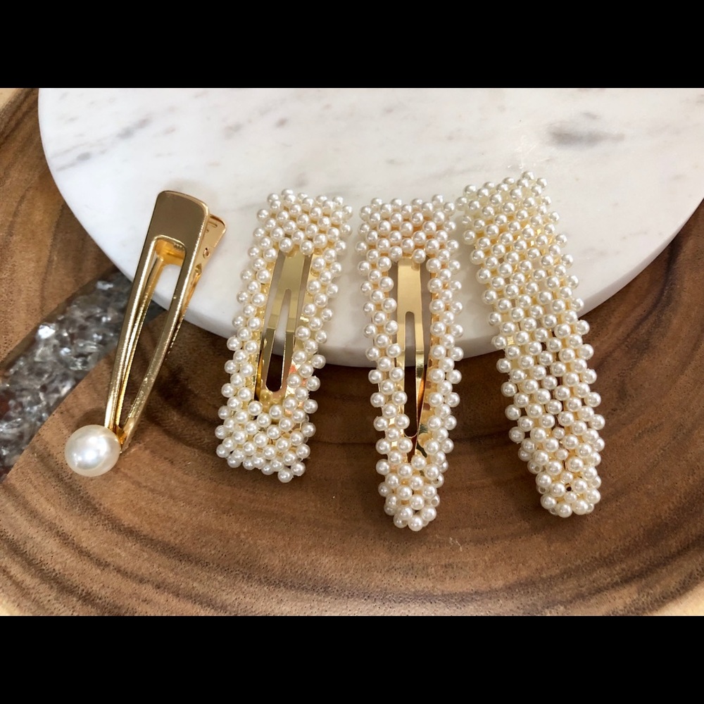 4 Piece Pearl Gold Hair Barrette - Picture 2 of 7